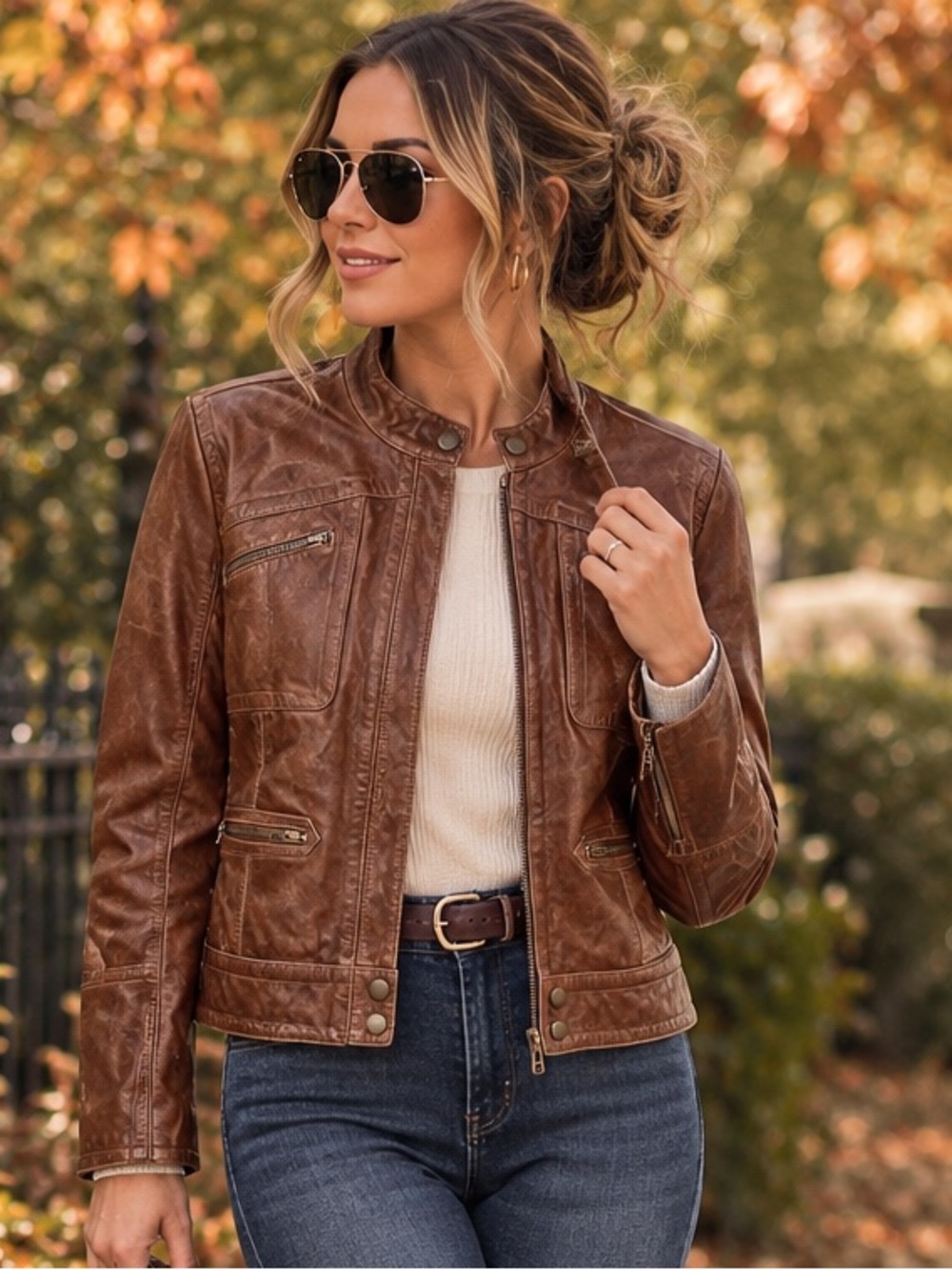 Vintage Calvin Klein Jeans Brown Leather Moto Jacket